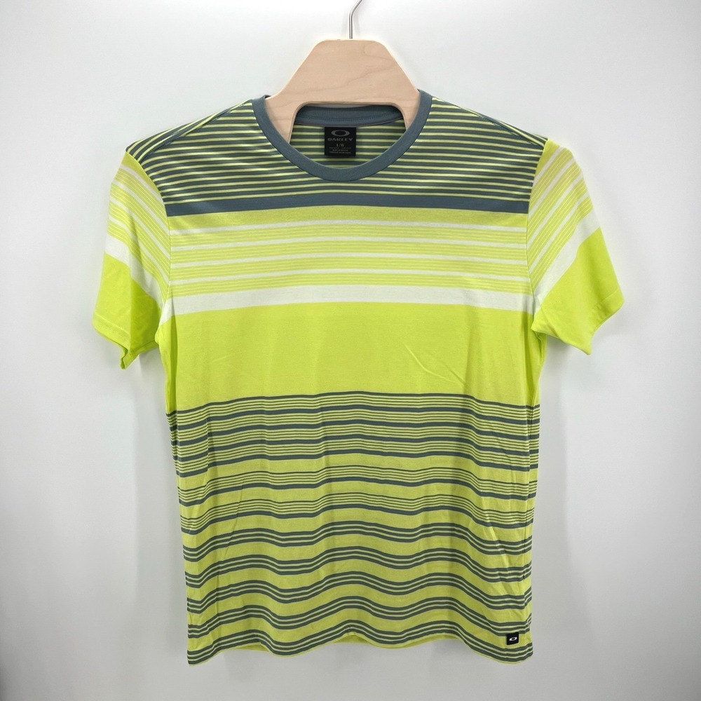 Oakley T Shirt Mens Large L Neon Yellow Grey Striped Short Sleeve Y2K Sporty Tee